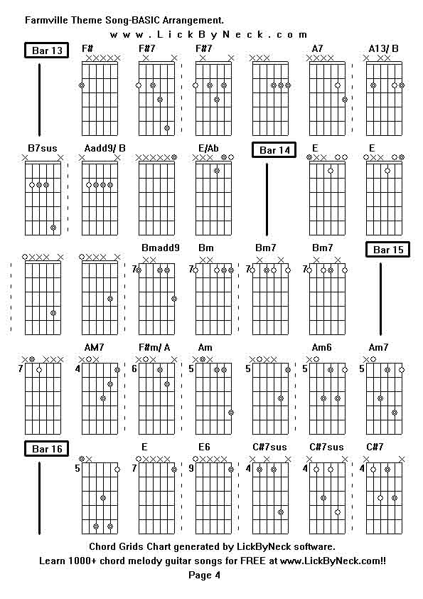 Chord Grids Chart of chord melody fingerstyle guitar song-Farmville Theme Song-BASIC Arrangement,generated by LickByNeck software.